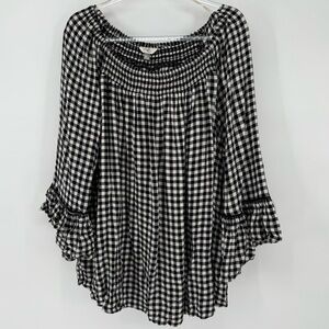 Terra & Sky Black and White gingham peasant top 3X Prairie Angel Flutter Sleeves